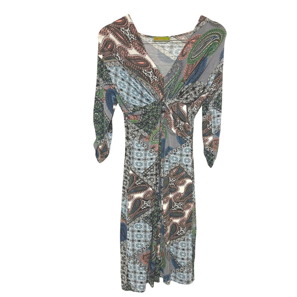 N Willow Italy Womens‎ Paisley Patchwork Twist Front V-Neck Ruched Sleeve Dress